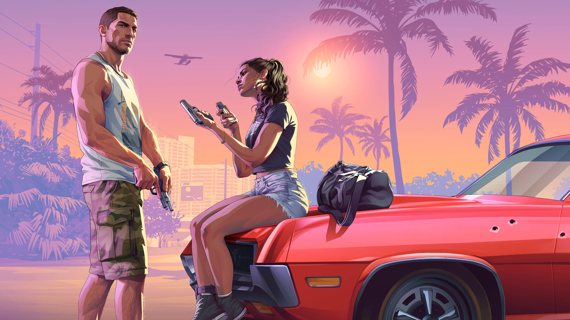 Official Grand Theft Auto VI artwork: Jason and Lucia by a car at a pink sunset