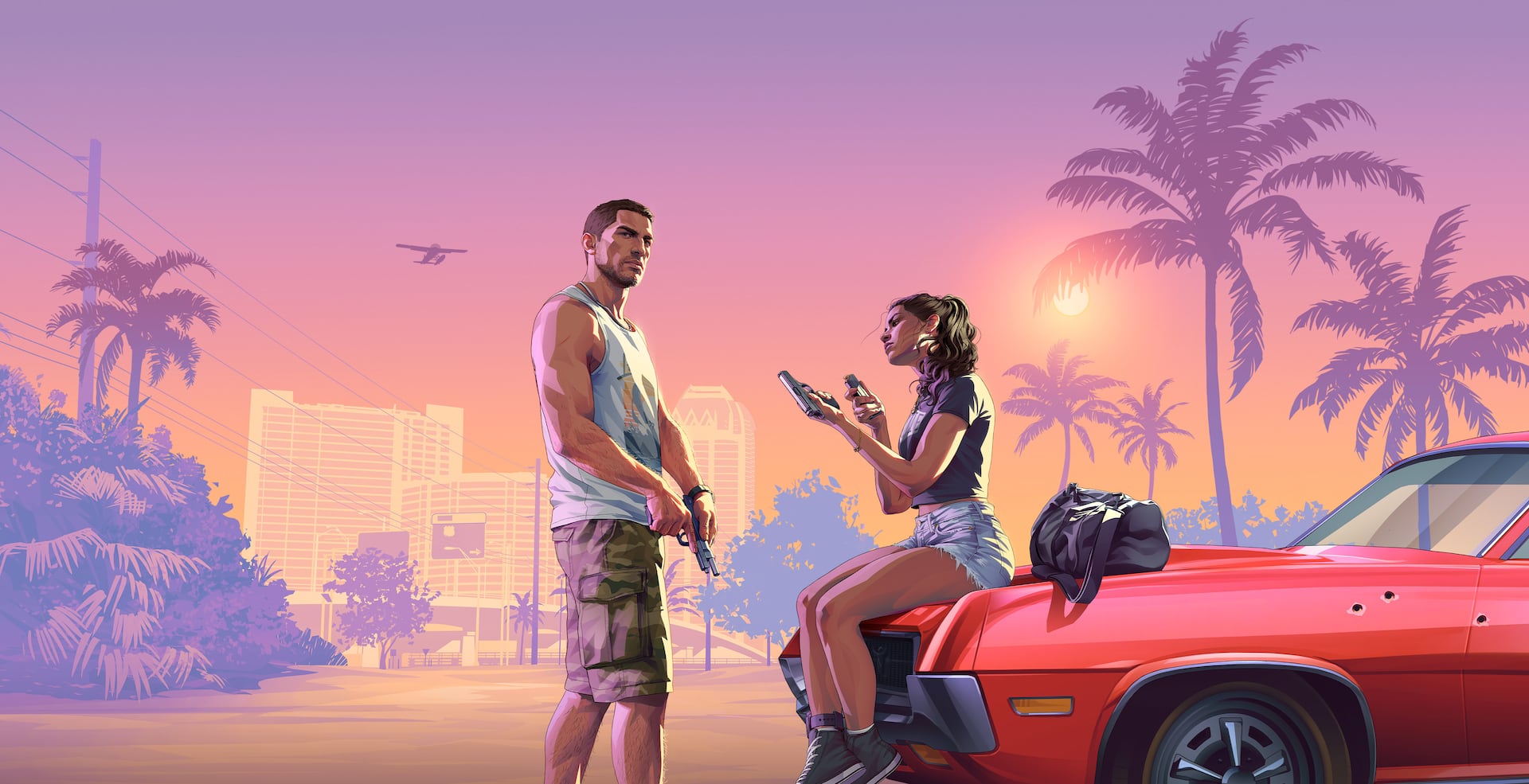 Official Grand Theft Auto VI artwork with Jason and Lucia against a Leonida sunset