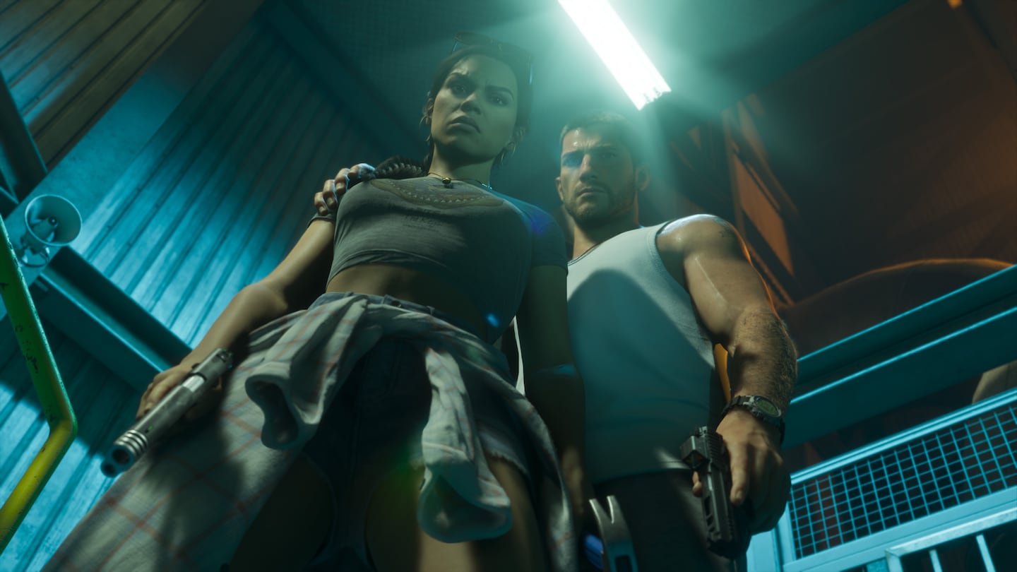 Official GTA VI screenshot of Jason and Lucia in a dramatic scene