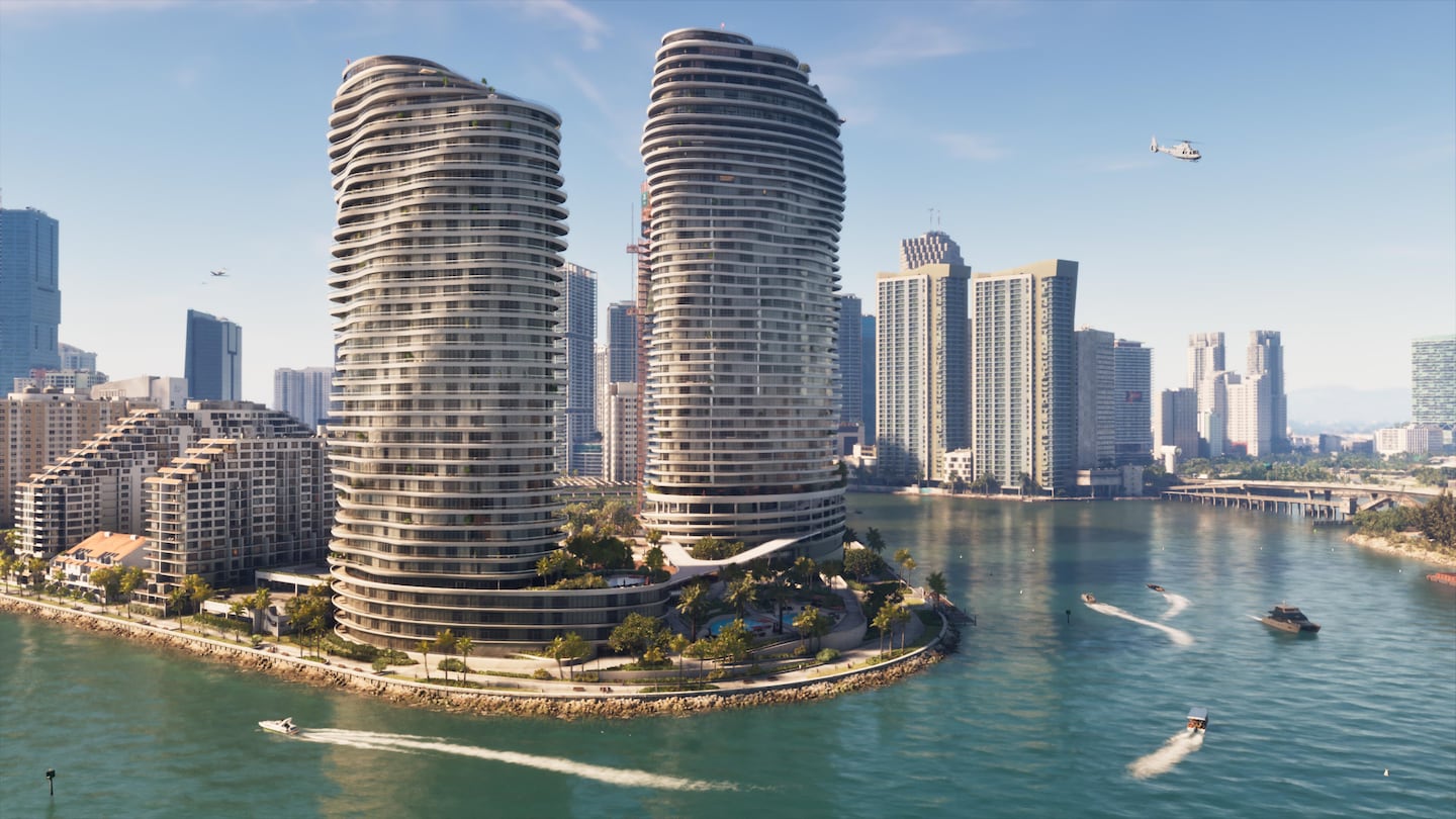 Official GTA VI screenshot of Vice City waterfront and high-rises